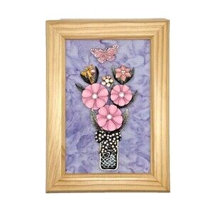 Vintage Jewelry Art FLOWER ARRANGEMENT In VASE in Wood Frame 7 1/4" x 5 1/4"